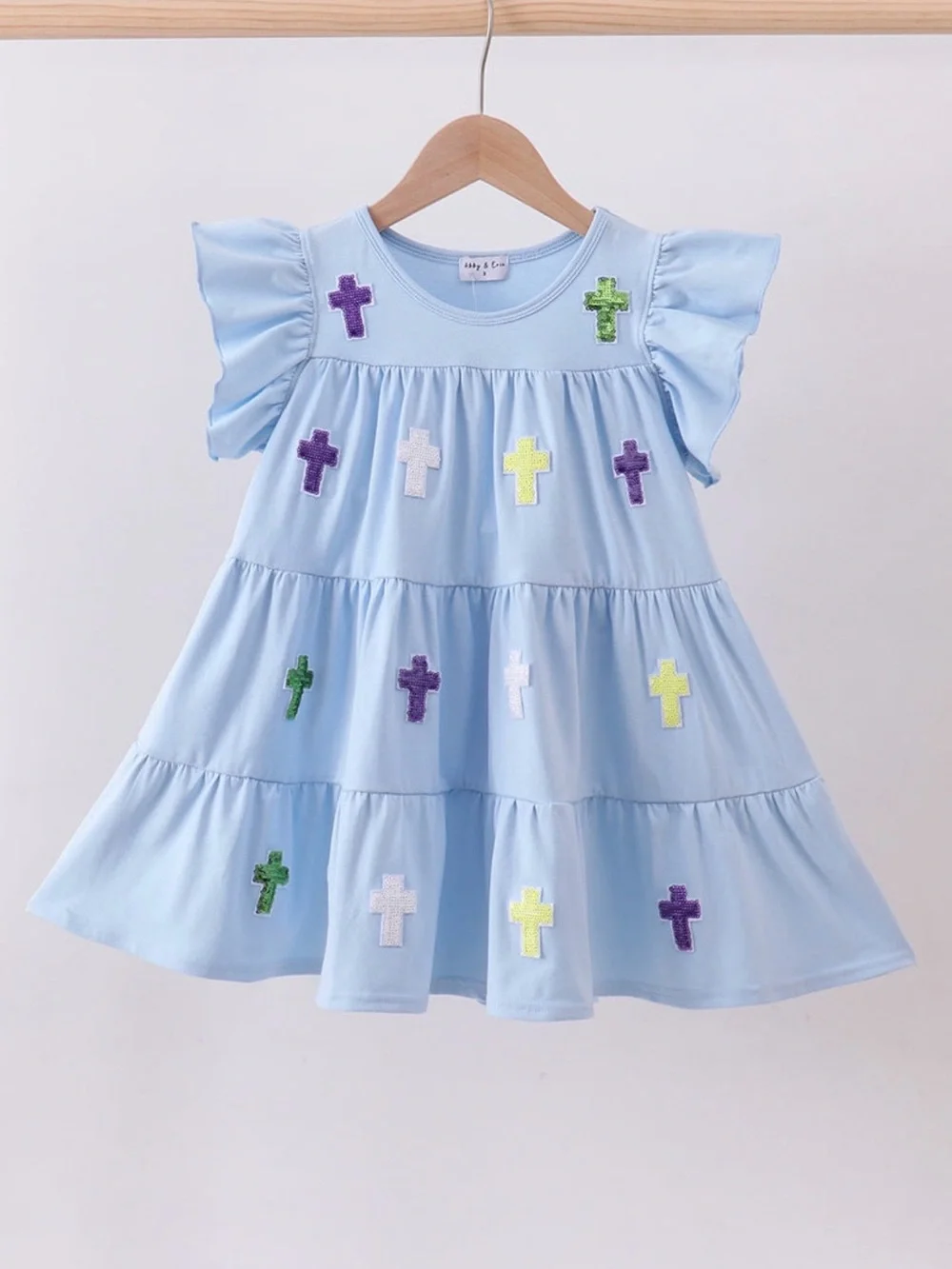 NWT Kids Light Blue Cross Embroidered Tiered Dress